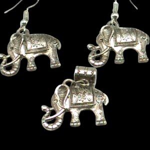 Vintage-inspired Silver-tone Elephant Earrings with Matching Elephant Pendant